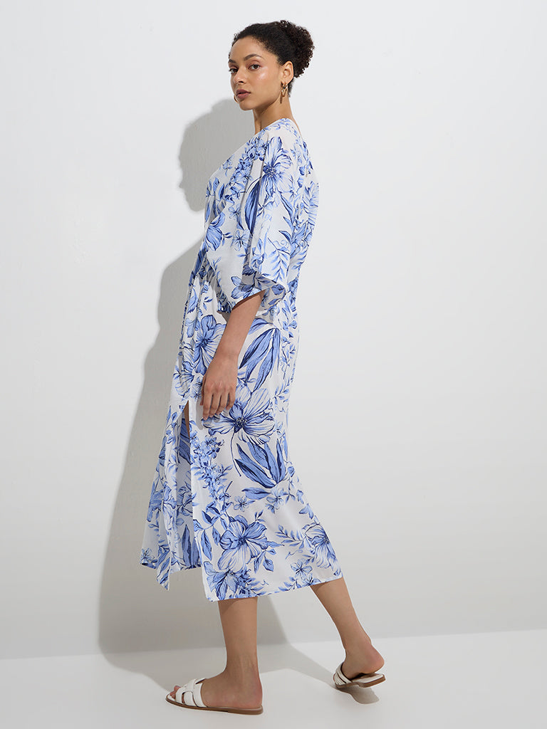 Wunderlove Blue Floral Cotton-Blend Beach Kaftan Dress
