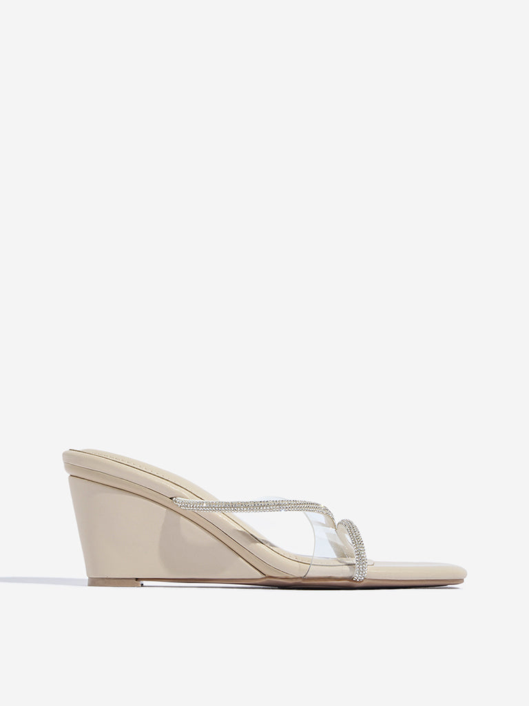 Westside LUNA BLU Women's Ivory Diamante Embellished Wedge Sandals Side View