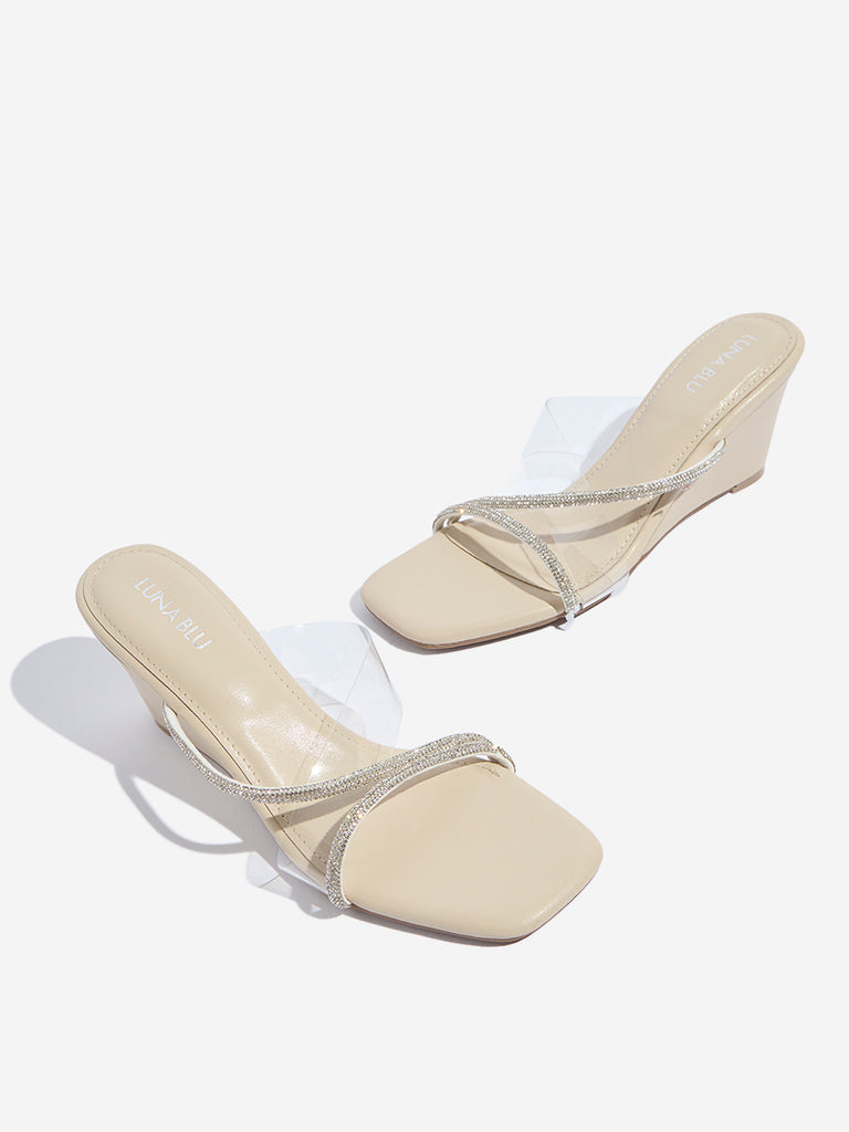 Westside LUNA BLU Women's Ivory Diamante Embellished Wedge Sandals Zoomed View