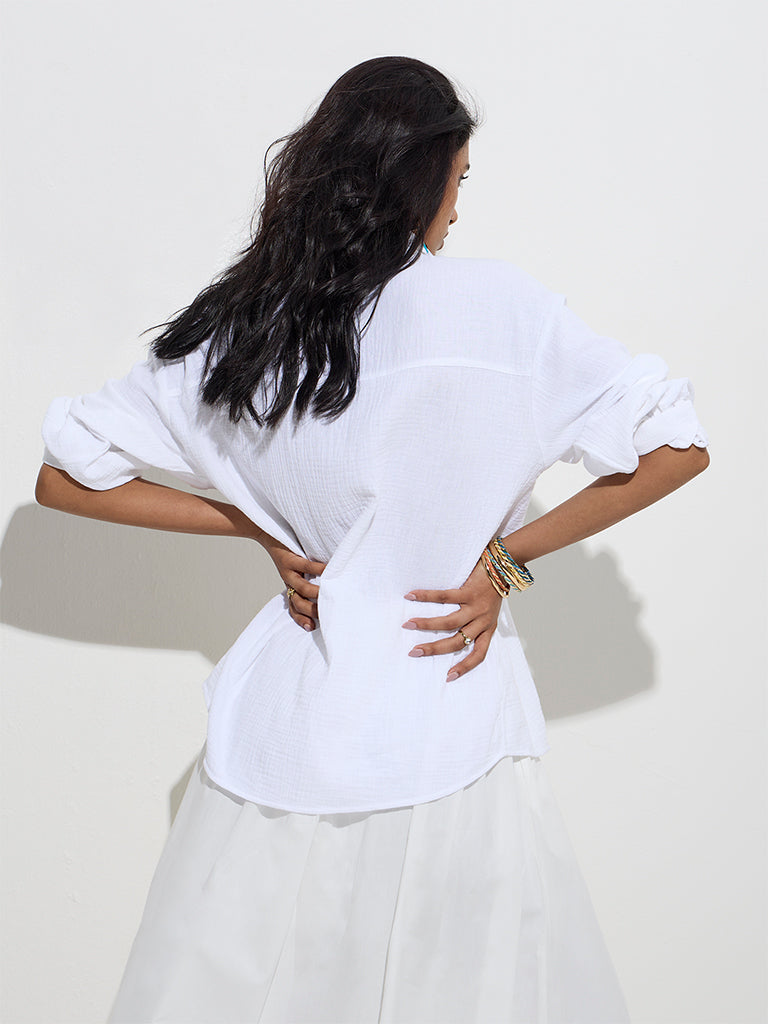 LOV White Floral Embroidered Cotton Shirt