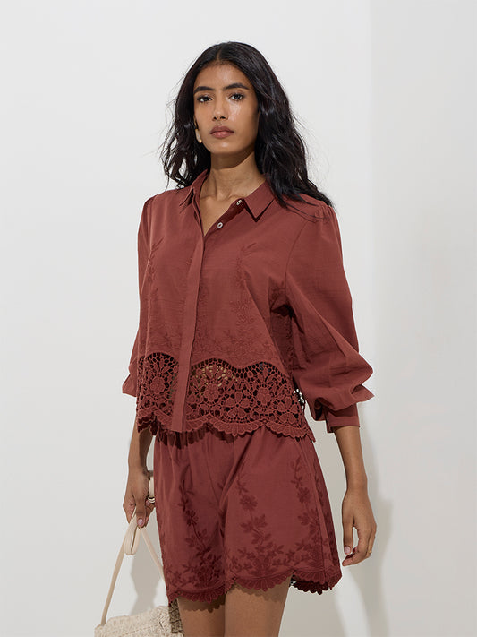 Westside LOV Women's Dark Brown Floral Lace Detailed Cotton Shirt for Casual Wear Front View