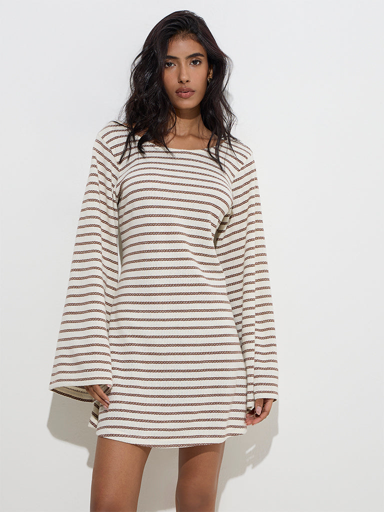 LOV Off-White Striped Knitted Cotton-Blend A-Line Dress
