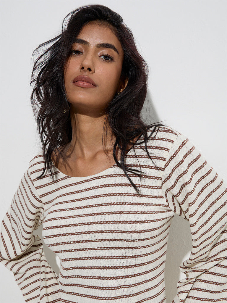 LOV Off-White Striped Knitted Cotton-Blend A-Line Dress