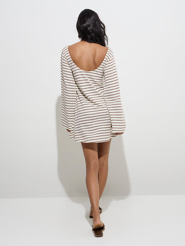 LOV Off-White Striped Knitted Cotton-Blend A-Line Dress