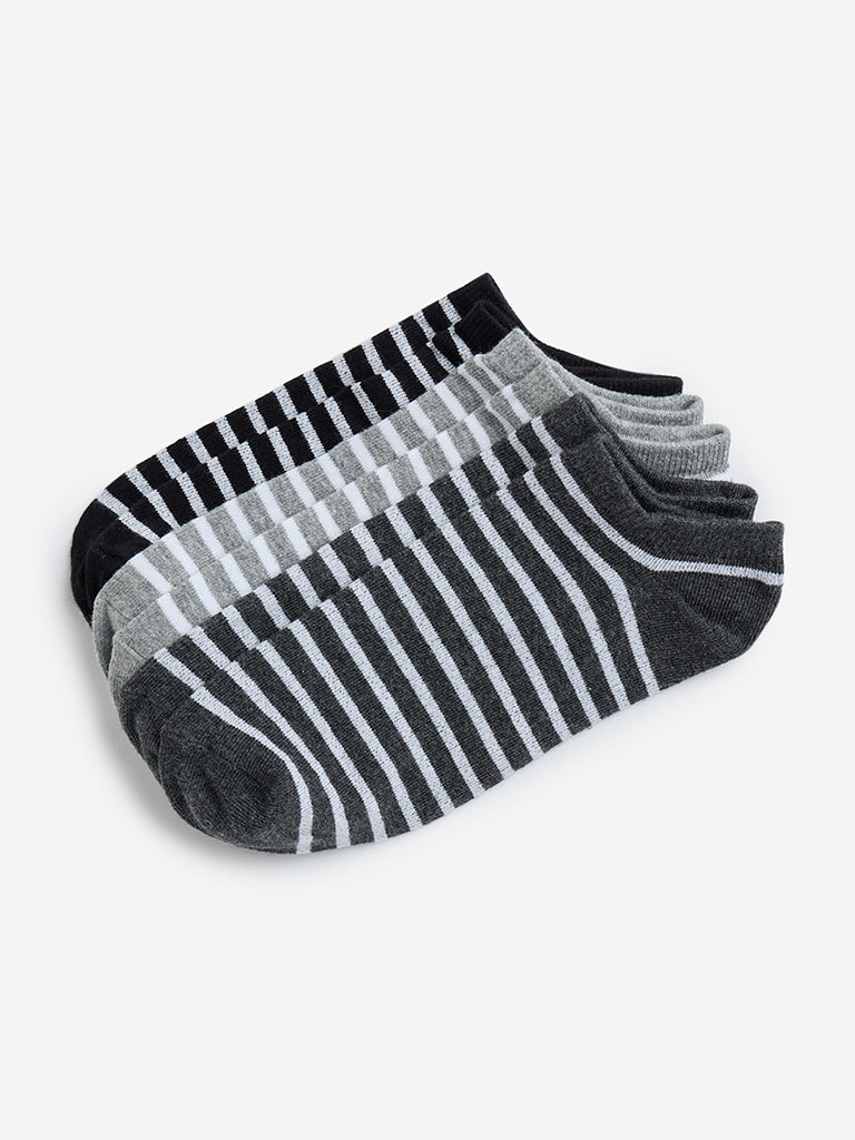 Westside WES Lounge Men's Grey Striped Cotton-Blend Socks- Pack of 3 for Casual Wear Casual Wear Variant