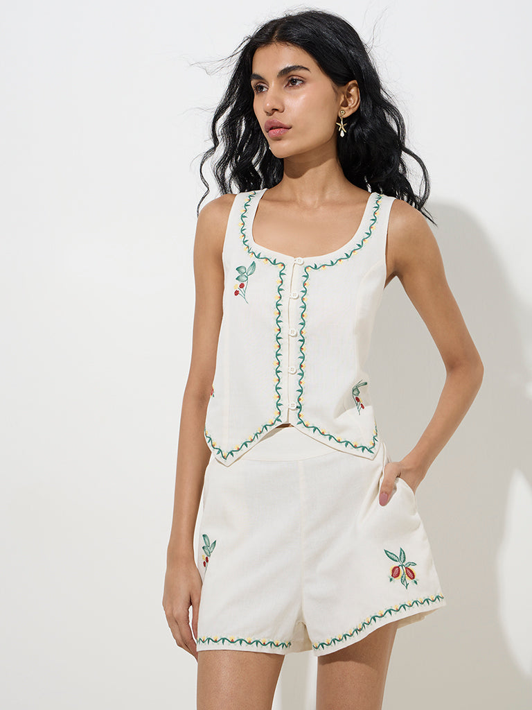 Bombay Paisley Ivory Embroidered Design Cotton Top 