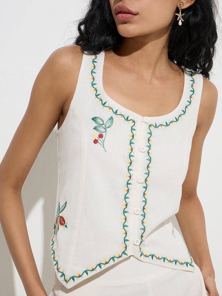 Bombay Paisley Ivory Embroidered Design Cotton Top 