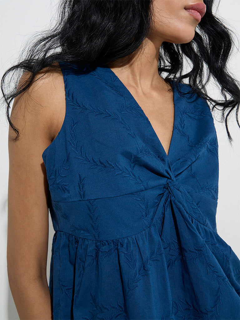 Bombay Paisley Indigo Embroidered Cotton Peplum Top