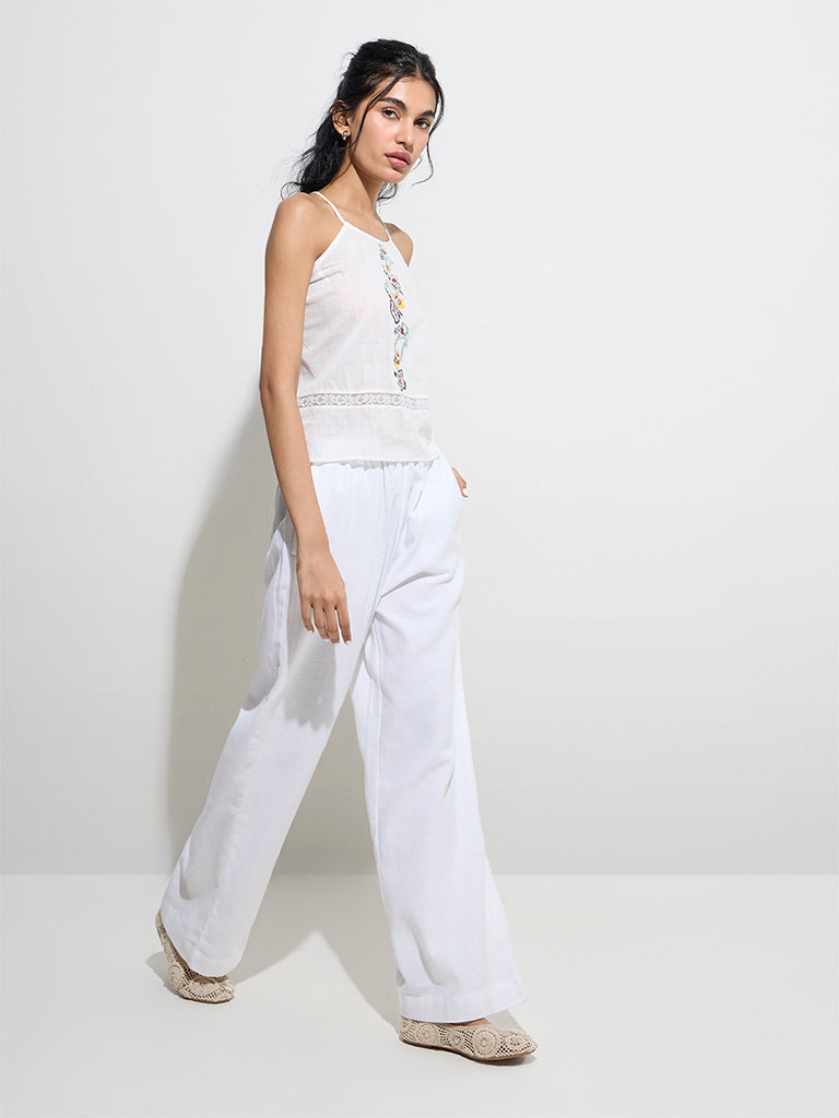Bombay Paisley White Floral Embroidered Cotton Top