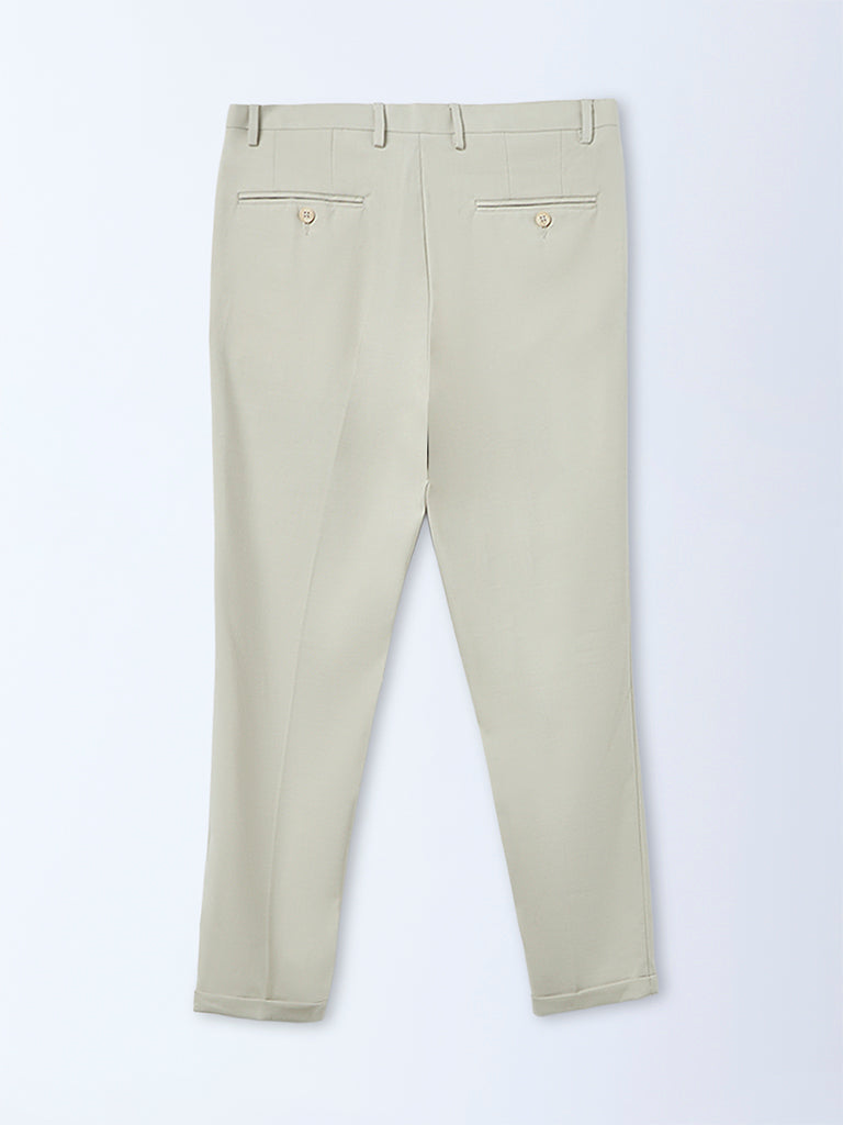 WES Formals Beige Solid Mid-Rise Slim-Fit Trousers