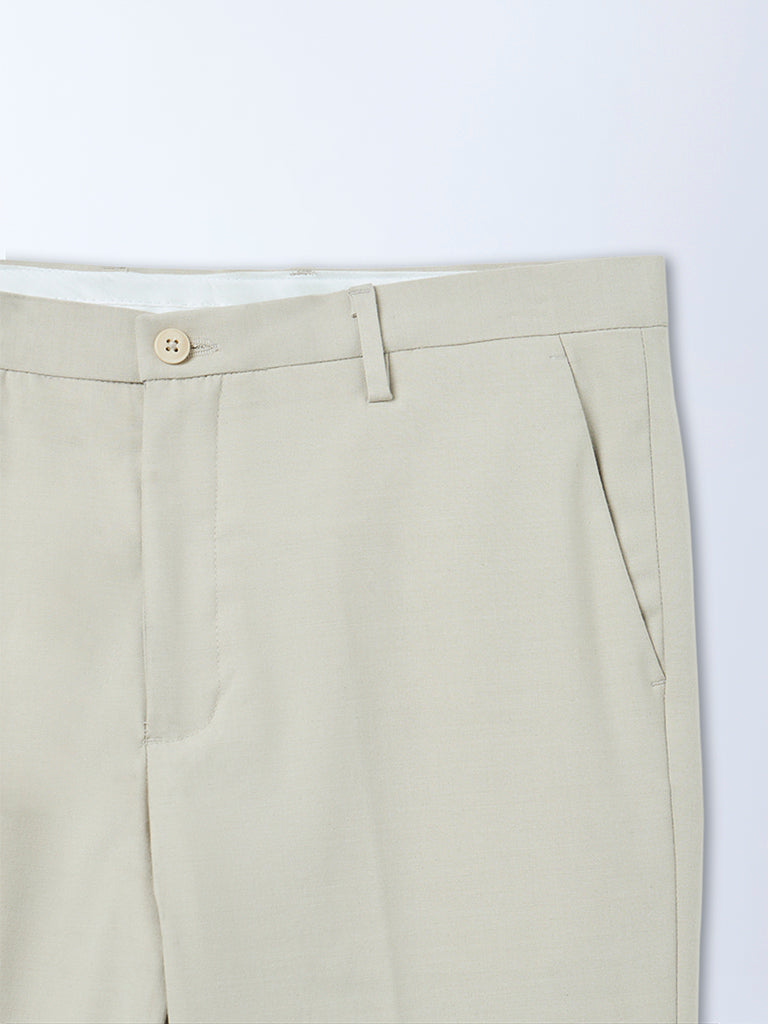 WES Formals Beige Solid Mid-Rise Slim-Fit Trousers
