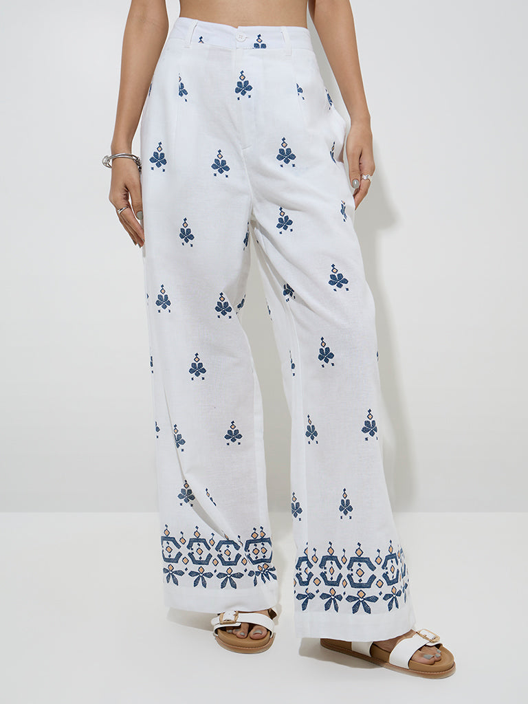 Bombay Paisley Ivory Floral Design Cotton-Blend Trousers