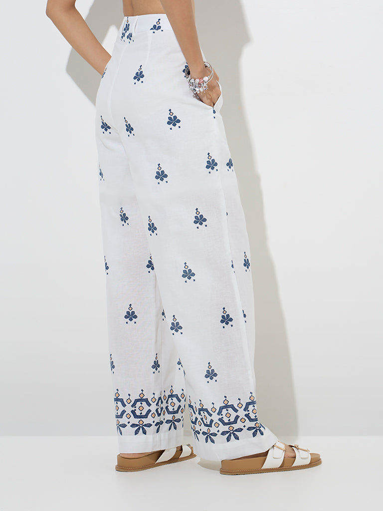 Bombay Paisley Ivory Floral Design Cotton-Blend Trousers