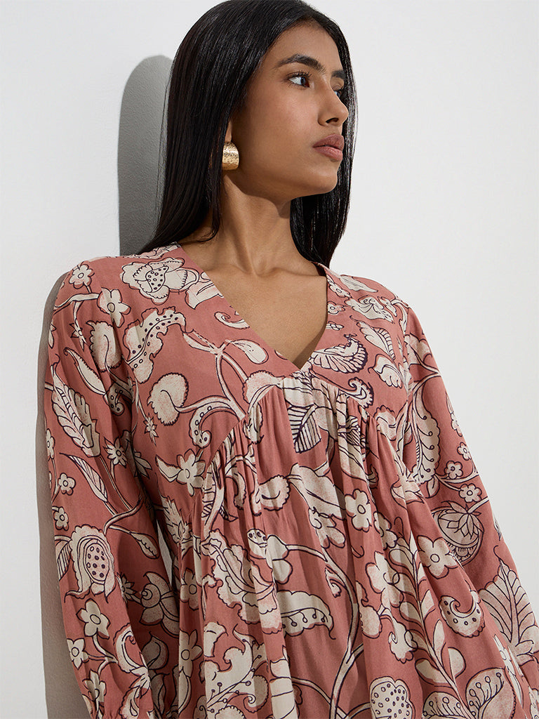 Utsa Dusty Pink Foliage Printed Tiered Dress