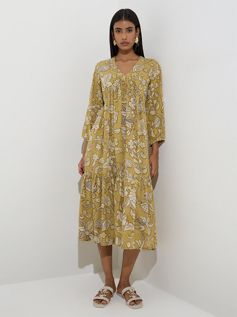 Utsa Mustard Foliage Design Tiered Dress