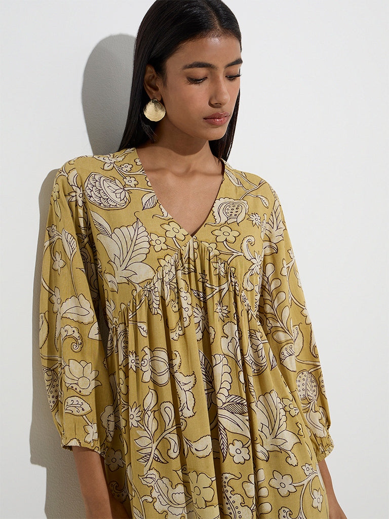 Utsa Mustard Foliage Design Tiered Dress