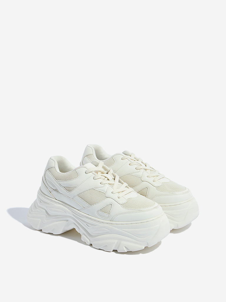 Westside LUNA BLU Women's  White Mesh-Detailed Lace-Up Sneakers for Casual Wear Front View