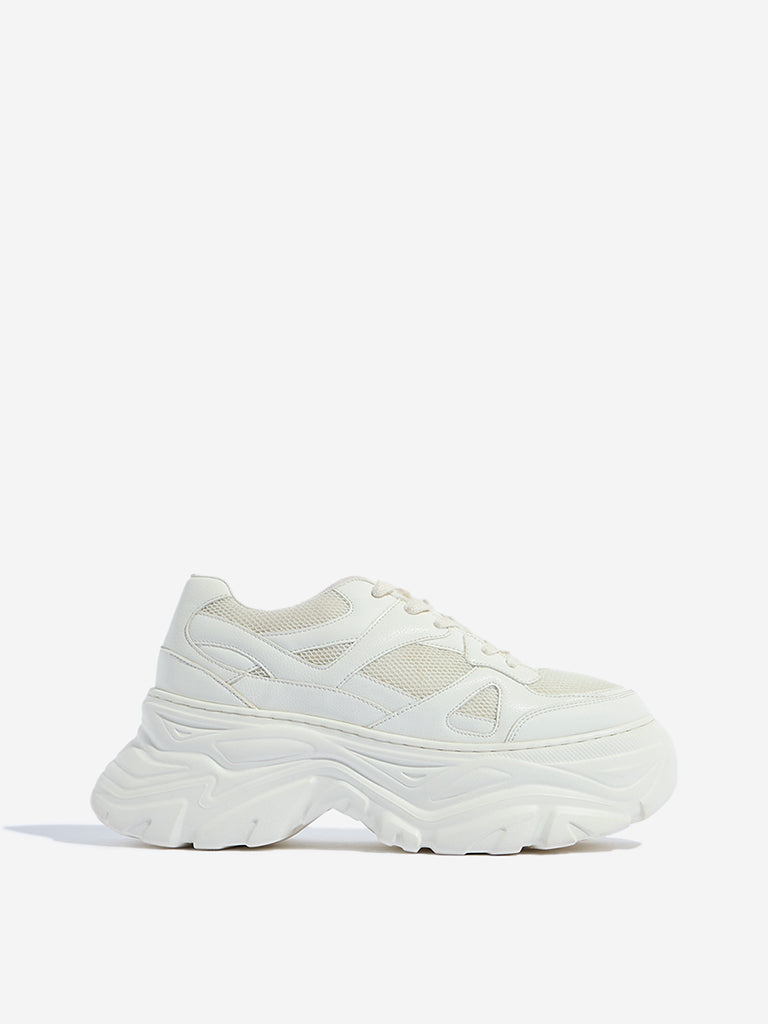 Westside LUNA BLU Women's  White Mesh-Detailed Lace-Up Sneakers for Casual Wear Side View