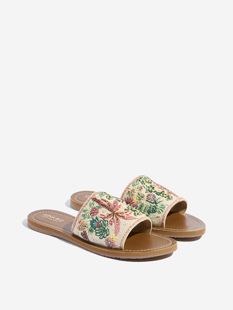 Westside LUNA BLU Women's Multicolour Embroidered Slides Front View