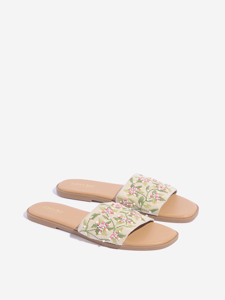 Westside LUNA BLU Women's  Green Floral Embroidered Slides for Festival Wear Front View
