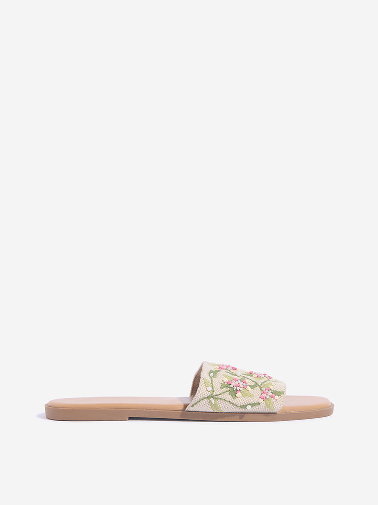Westside LUNA BLU Women's  Green Floral Embroidered Slides for Festival Wear Side View