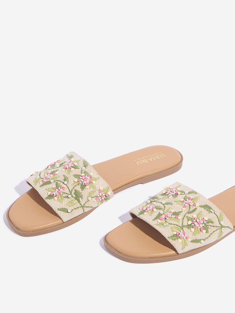 Westside LUNA BLU Women's  Green Floral Embroidered Slides for Festival Wear Zoomed View