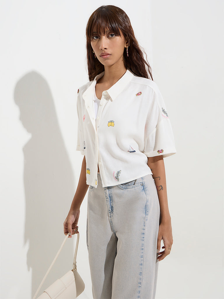 Nuon Off-White Printed Linen-Blend Shirt