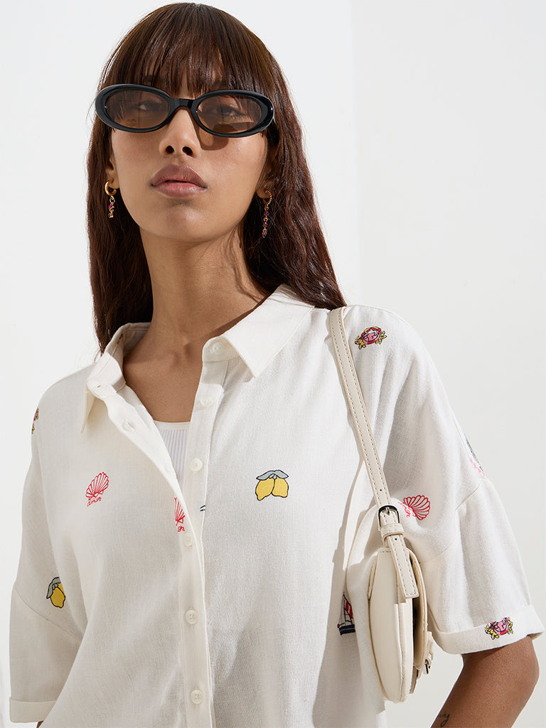 Nuon Off-White Printed Linen-Blend Shirt