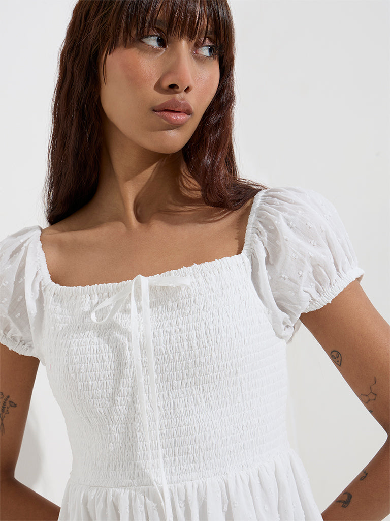 Nuon White Smocked Cotton A-Line Dress