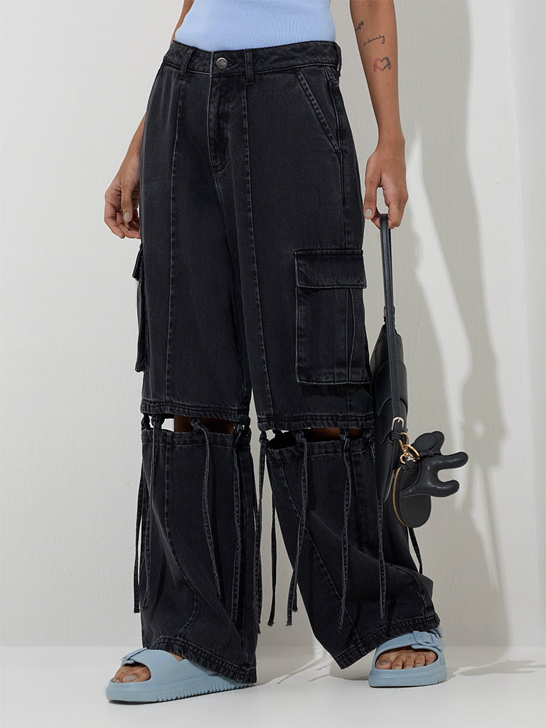 Nuon Dark Grey Tie-Up Detailed Relaxed - Fit High - Rise Jeans