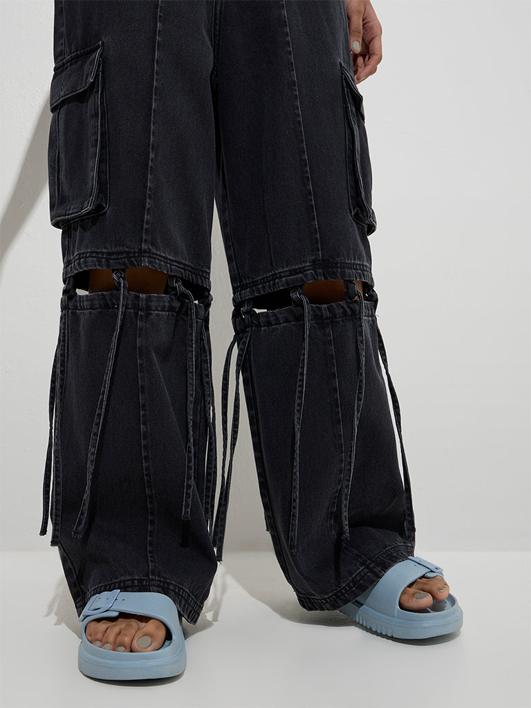 Nuon Dark Grey Tie-Up Detailed Relaxed - Fit High - Rise Jeans