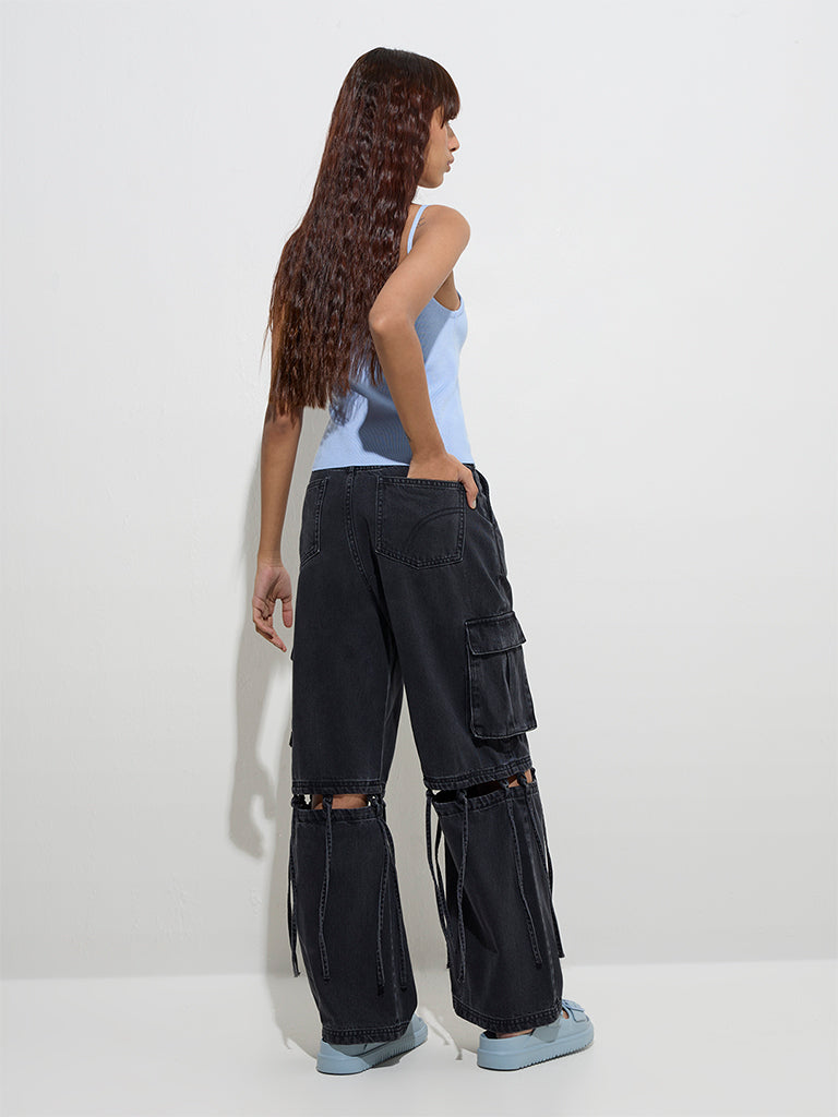 Nuon Dark Grey Tie-Up Detailed Relaxed - Fit High - Rise Jeans