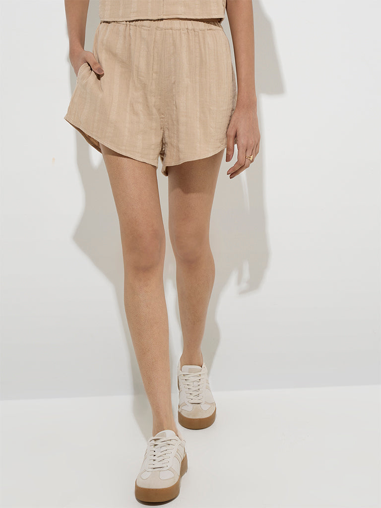 Nuon Beige Crinkle-Textured High-Rise Cotton Shorts