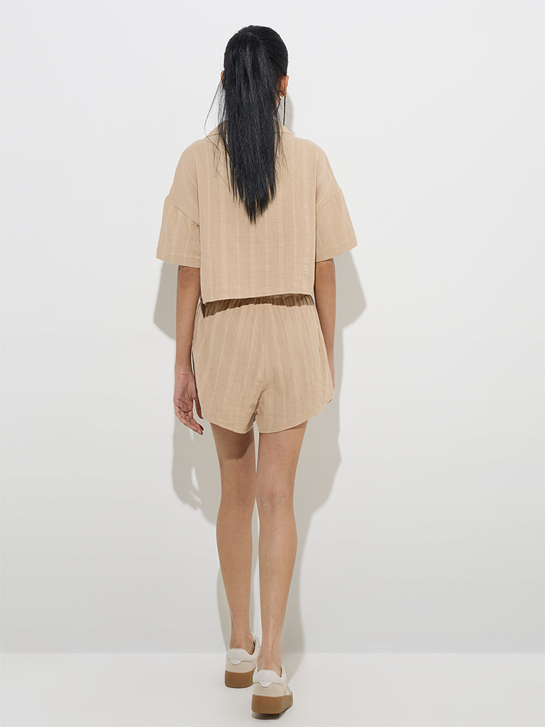 Nuon Beige Crinkle-Textured High-Rise Cotton Shorts