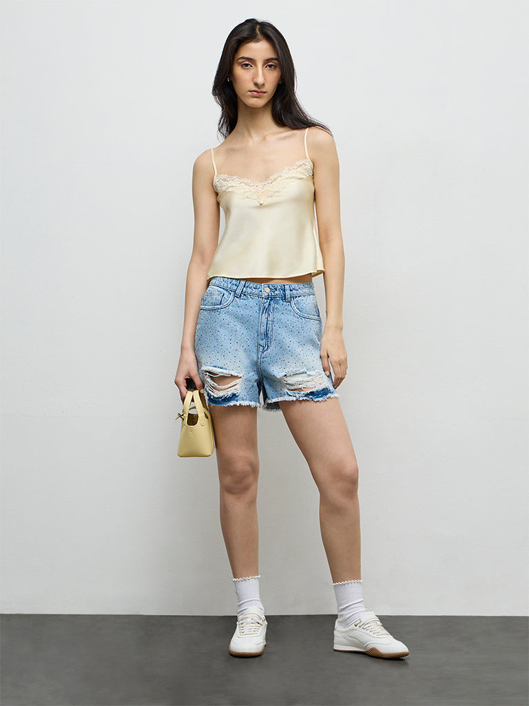 Nuon Light Blue Embellished High-Rise Denim Shorts
