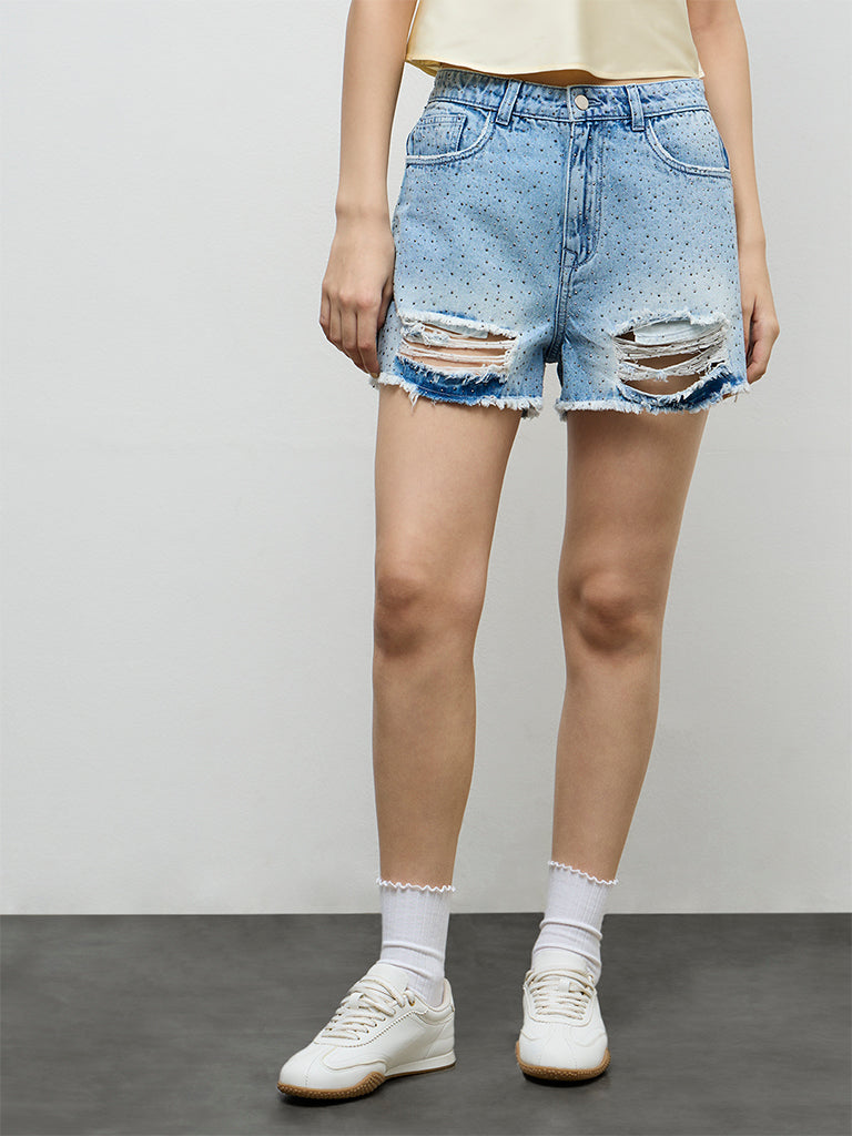 Nuon Light Blue Embellished High-Rise Denim Shorts