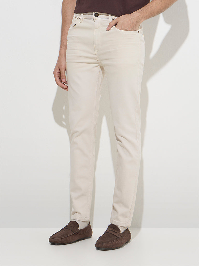 WES Casuals Off-White Slim - Fit Mid - Rise Jeans