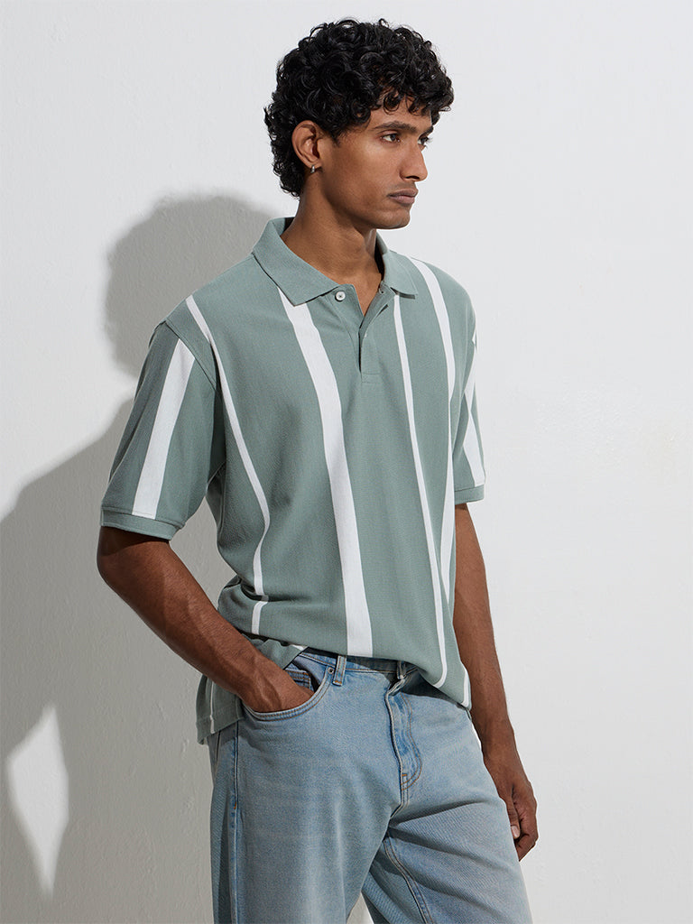 WES Casuals Sage Stripe Printed Relaxed-Fit Cotton-Blend Polo T-Shirt
