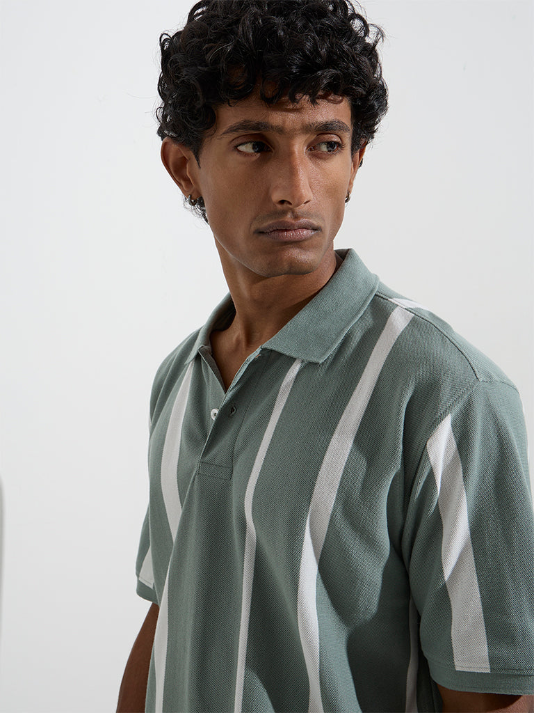 WES Casuals Sage Stripe Printed Relaxed-Fit Cotton-Blend Polo T-Shirt