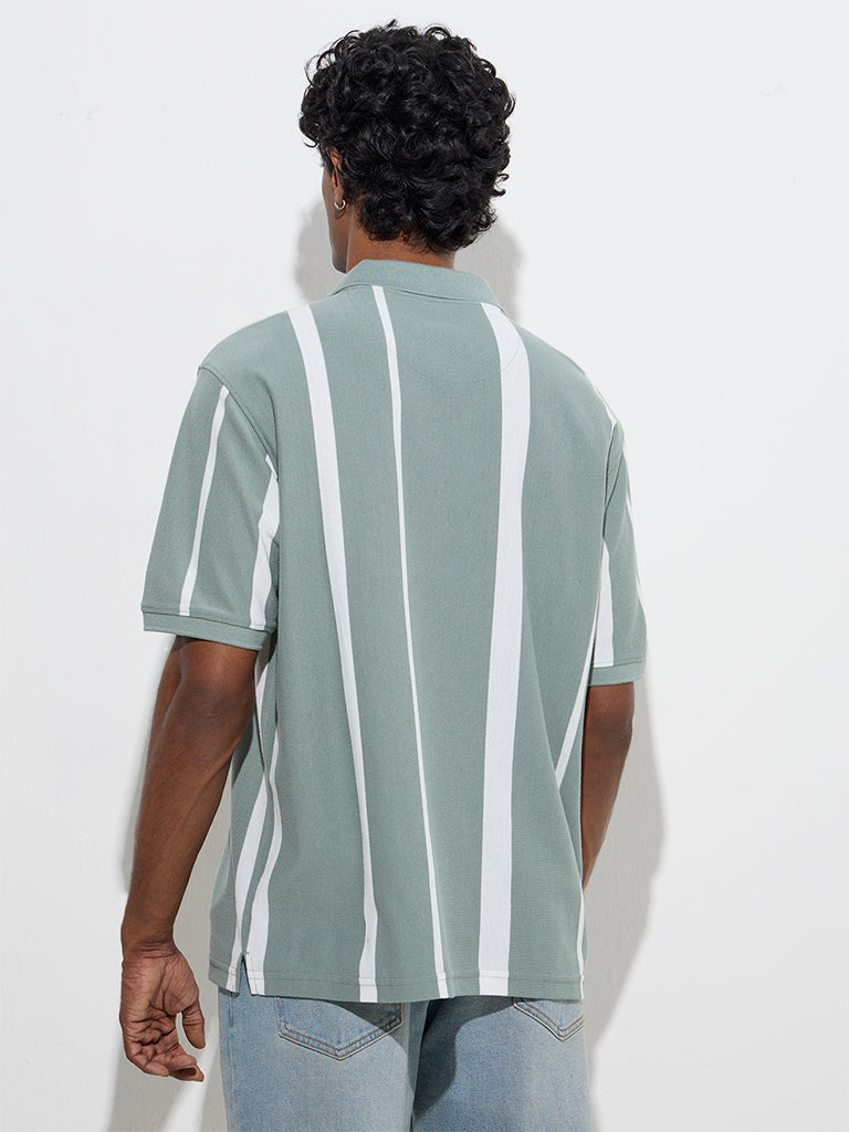 WES Casuals Sage Stripe Printed Relaxed-Fit Cotton-Blend Polo T-Shirt
