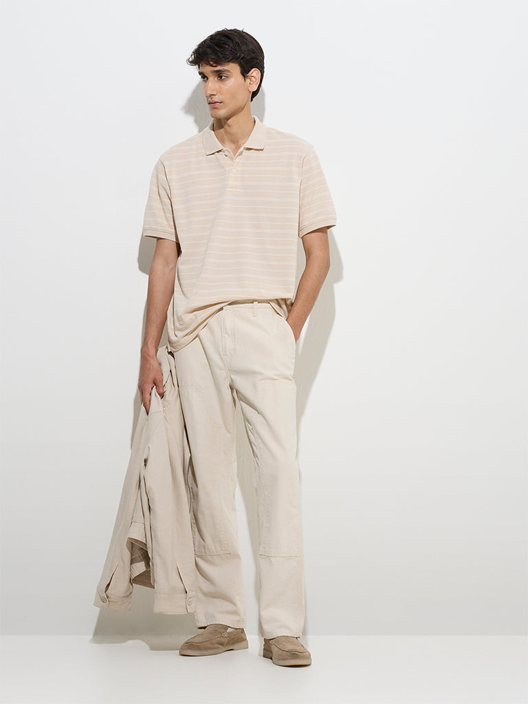 WES Casuals Beige Relaxed-Fit Cotton-Blend Polo T-Shirt