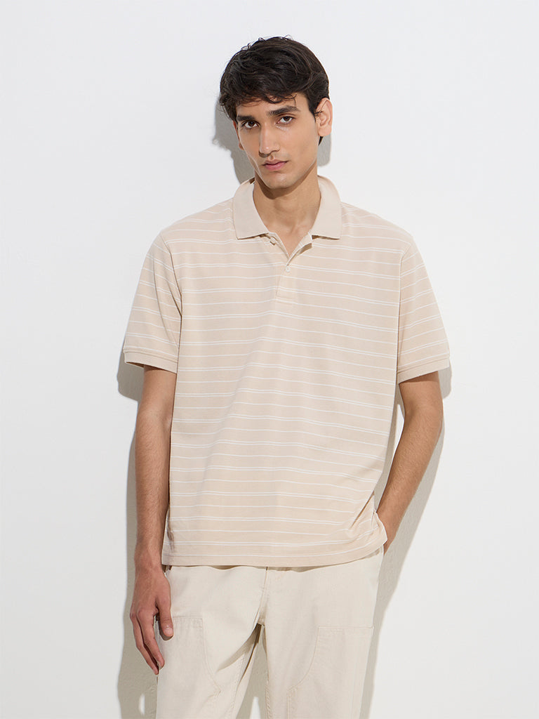 WES Casuals Beige Relaxed-Fit Cotton-Blend Polo T-Shirt