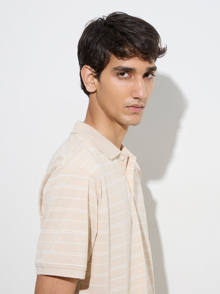 WES Casuals Beige Relaxed-Fit Cotton-Blend Polo T-Shirt