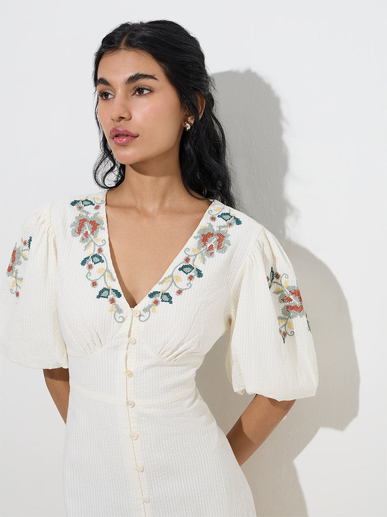 Bombay Paisley Off-White Embroidered Cotton A-Line Dress