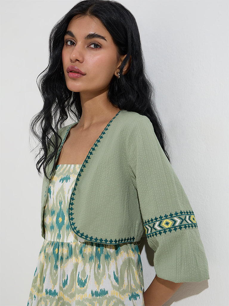Bombay Paisley Sage Ikat Cotton Tiered Dress with Jacket