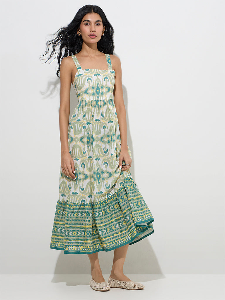 Bombay Paisley Sage Ikat Cotton Tiered Dress with Jacket