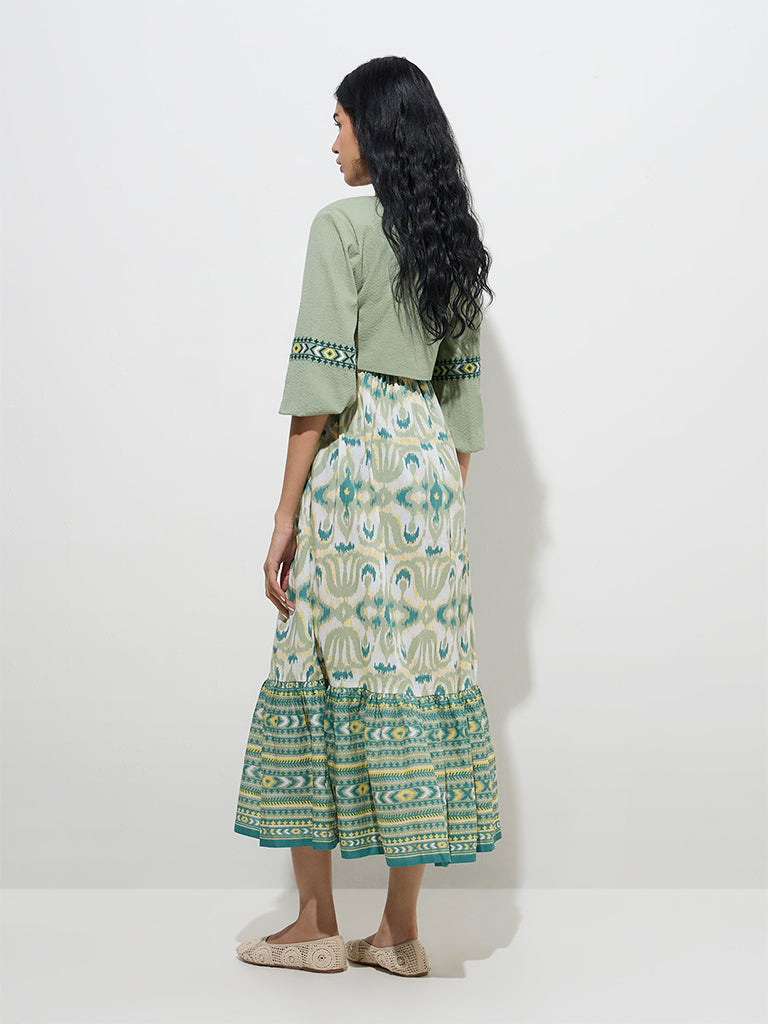Bombay Paisley Sage Ikat Cotton Tiered Dress with Jacket
