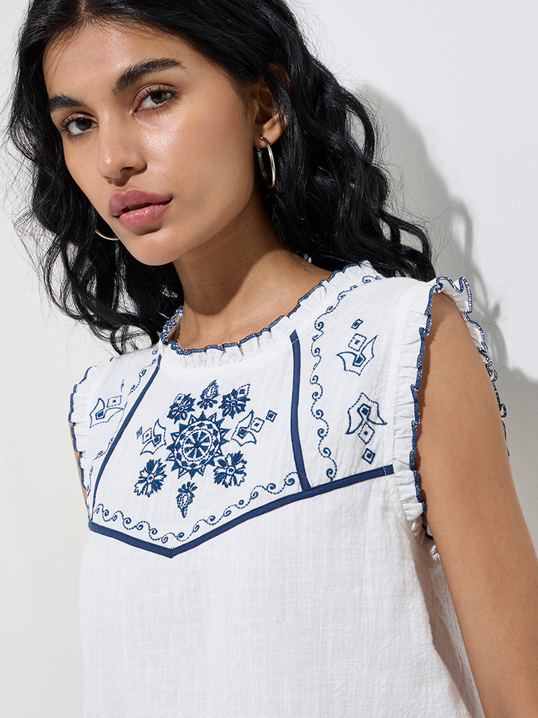Bombay Paisley Ivory Embroidered Cotton-Blend Top