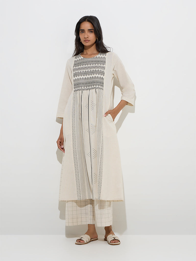 Utsa Beige Embroidered Cotton-Blend A-Line Kurta