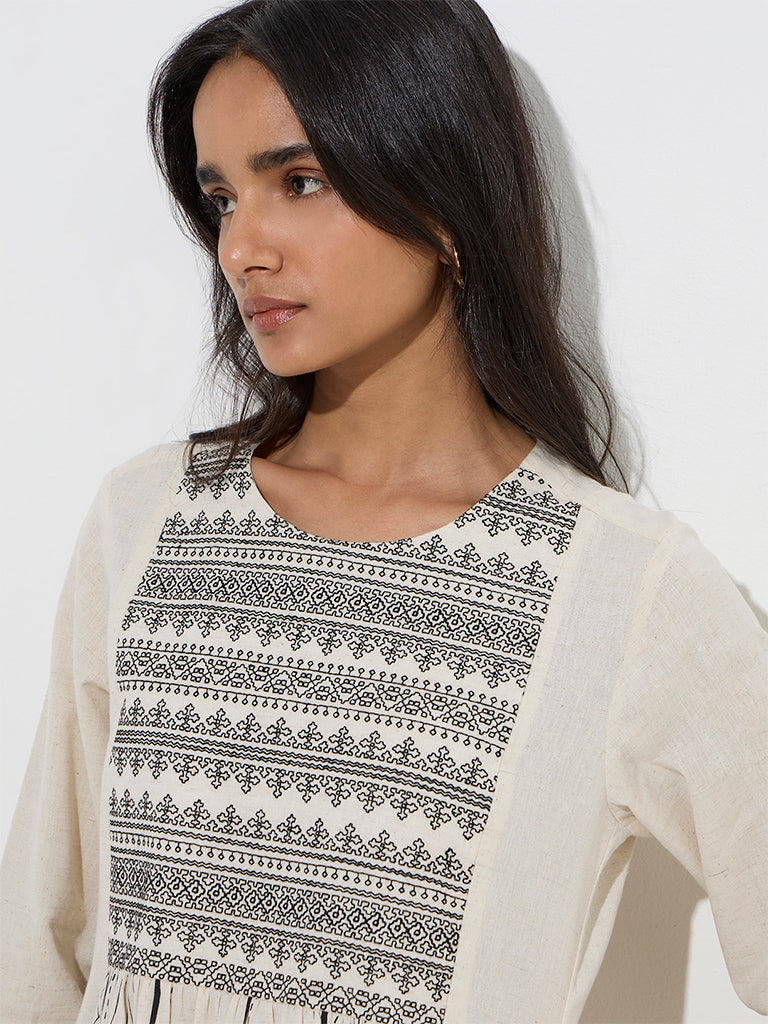 Utsa Beige Embroidered Cotton-Blend A-Line Kurta